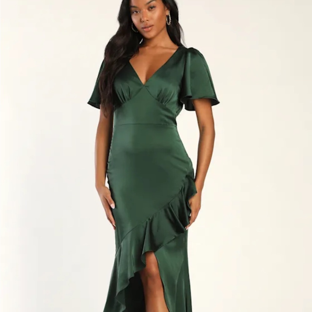 Lulu Satin High Low Dress in Forest Green